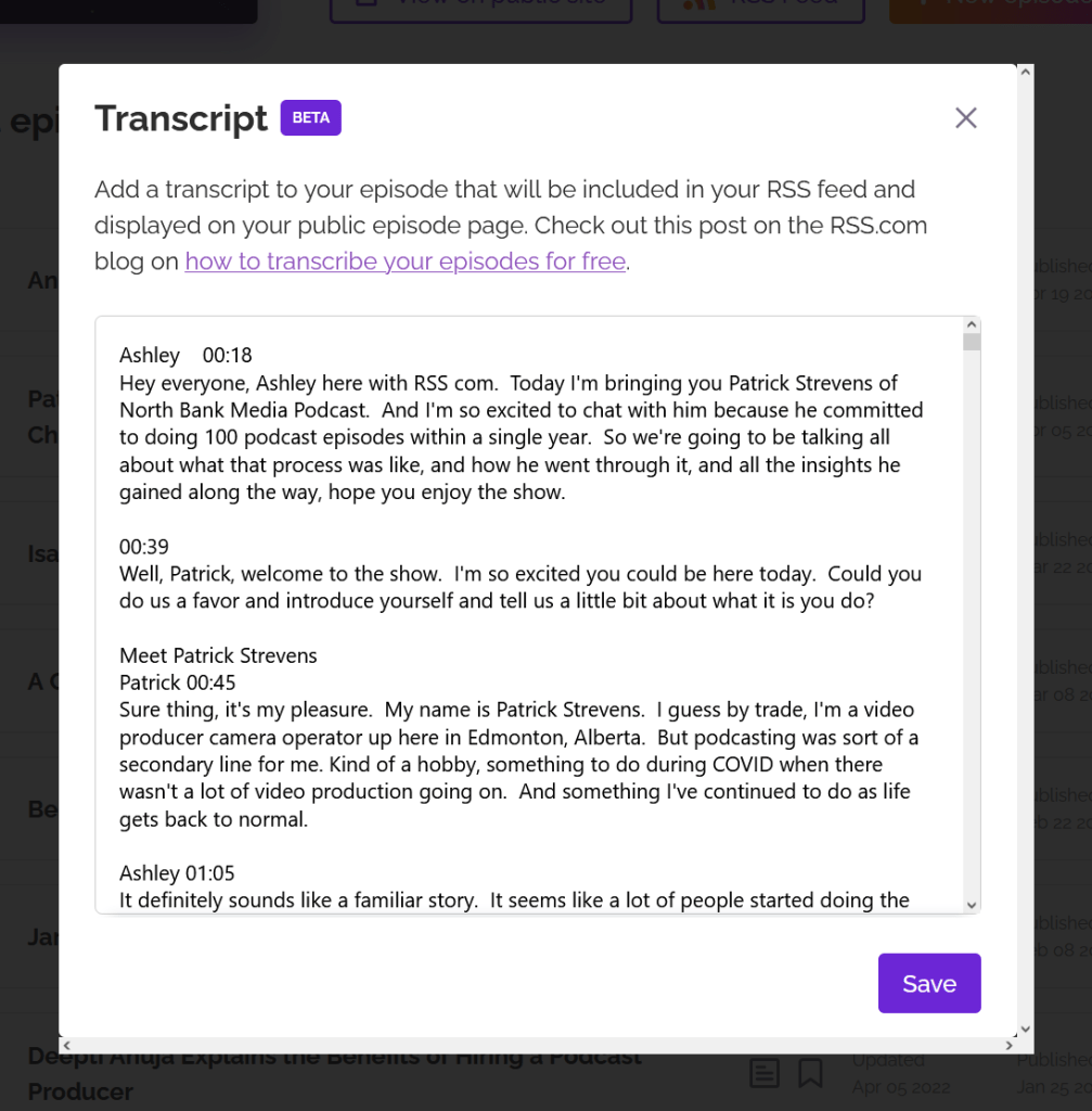 paste your podcast episode transcript RSS.com