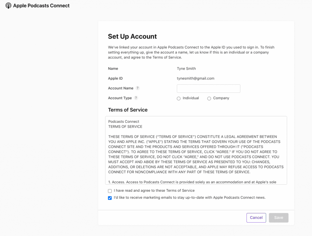set up apple podcasts connect account