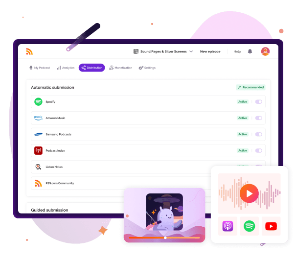 Dashboard di distribuzione dei podcast che mostra l'invio automatico alle principali piattaforme come Spotify e YouTube, con funzionalità per la distribuzione su YouTube utilizzando la tecnologia PodViz di RSS.com.