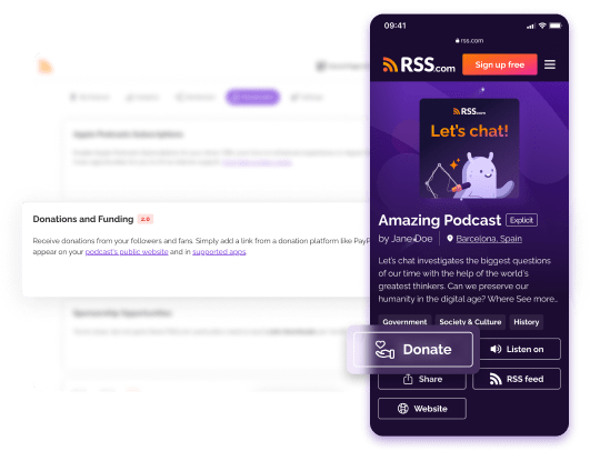 La funzione Donazioni su RSS.com mostra nella tua pagina pubblica del podcast un pulsante di donazione, consentendo agli ascoltatori di contribuire tramite PayPal, GoFundMe o Patreon, rendendo più semplice per i podcaster ricevere supporto.
