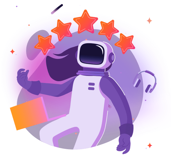 Tech astronaut with headphones and laptop floating around five-star reviews