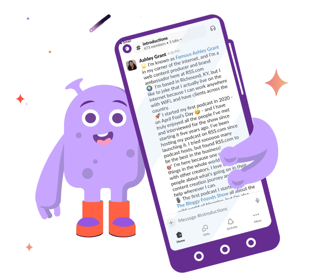 Purple blob mascot presenting RSS Space community chat on a smartphone screen