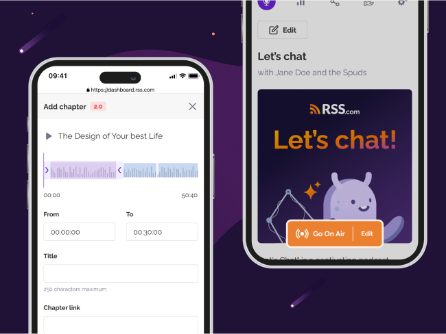 Interfaz móvil que muestra la edición de capítulos de episodios de podcast con marcas de tiempo, y un podcast 'Let’s Chat' con un botón 'Go On Air', destacando la creación de podcasts y las características de transmisión en vivo en RSS.com.